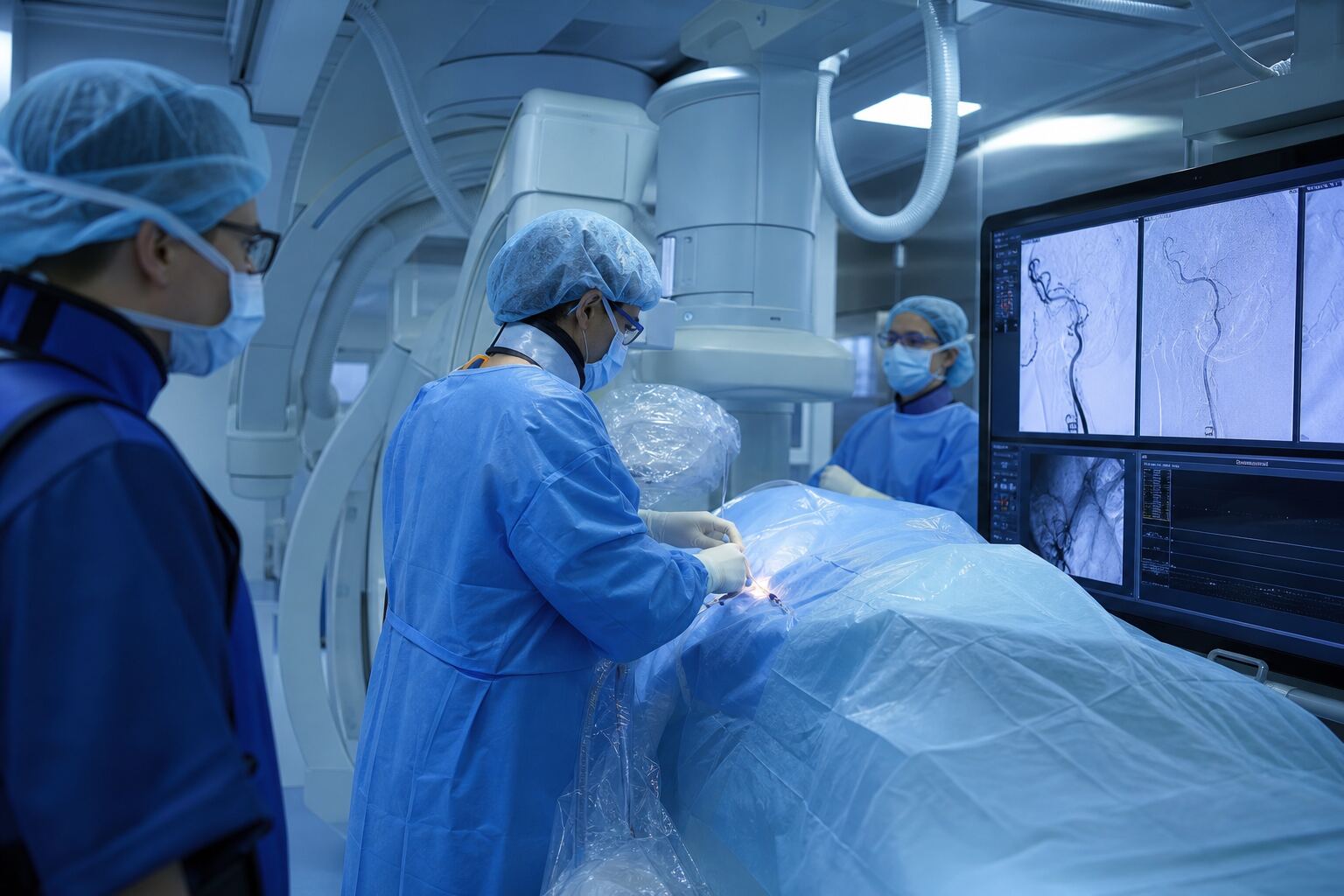 Salle d'angiographie pour thrombectomie mécanique d'un AVC ischémique