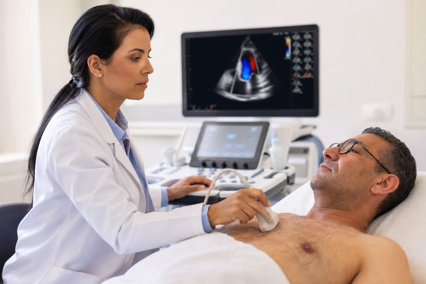 Cardiologue réalisant une échocardiographie Doppler couleur